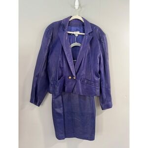 Vintage Neiman Marcus Purple Leather Skirt Suit Set‎ Blazer Pencil Women's L